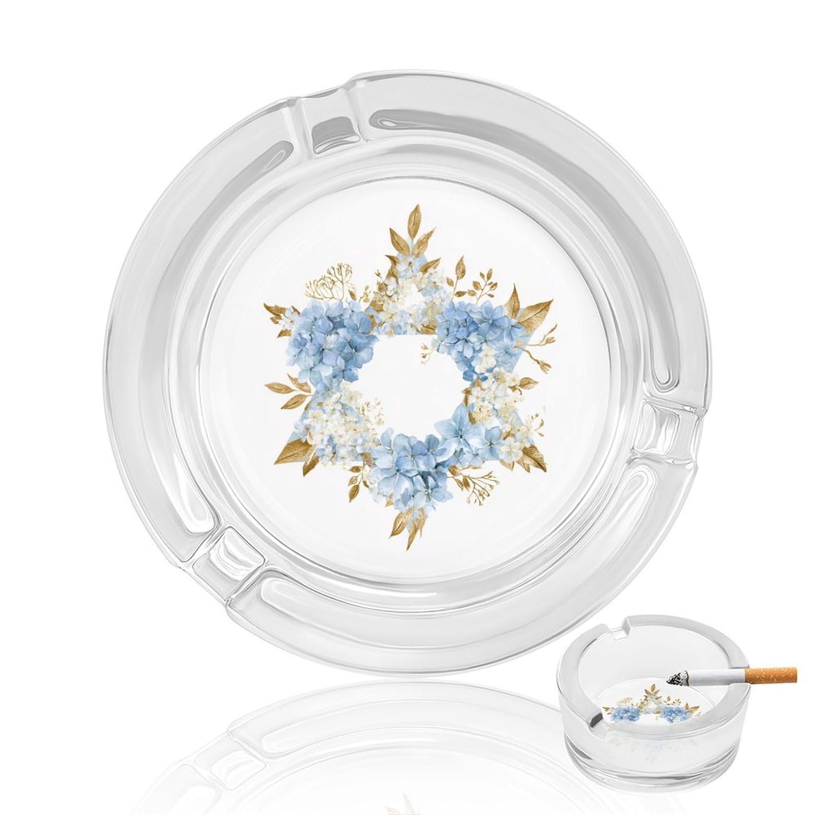 Elegant Star Watercolor Blue Flowers Golden Botanical Glass Ashtray for Cigarettes Portable Decorative Ash Trays for Home Office Decor