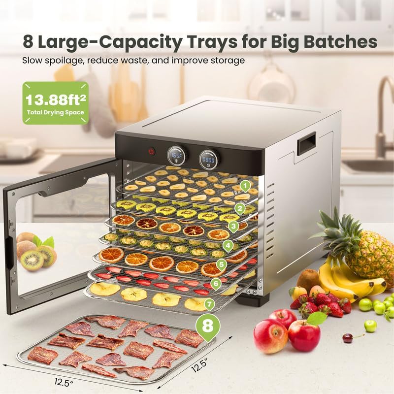 Miniatura 7 de Máquina Deshidratadora de Alimentos Doméstica con 8 Bandejas de Acero Inoxidable Capacidad 10 lb Carnes Temporizador Digital 24 H Control de
