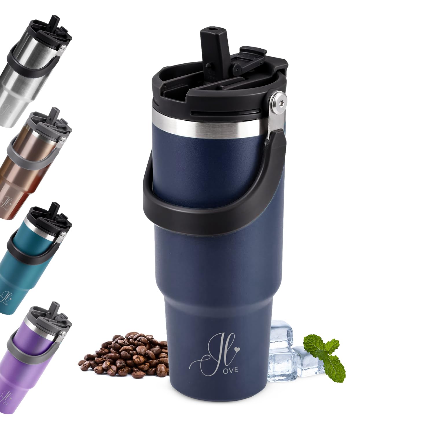 ILDOTove Double Wall Tumbler with Lid and Straw, Stainless Steel Insulation Cup, Water Cup, Vacuum Thermal Coffee Mug, Hot and Cold Travel Mug, Leakproof and Car-Friendly (Dark Blue, 890ml)