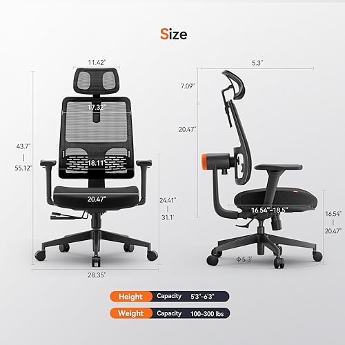 Miniatura 3 de Newtral Silla ergonómica de oficina en casa, silla de escritorio de respaldo alto con soporte lumbar adaptativo único, reposacabezas ajustable,