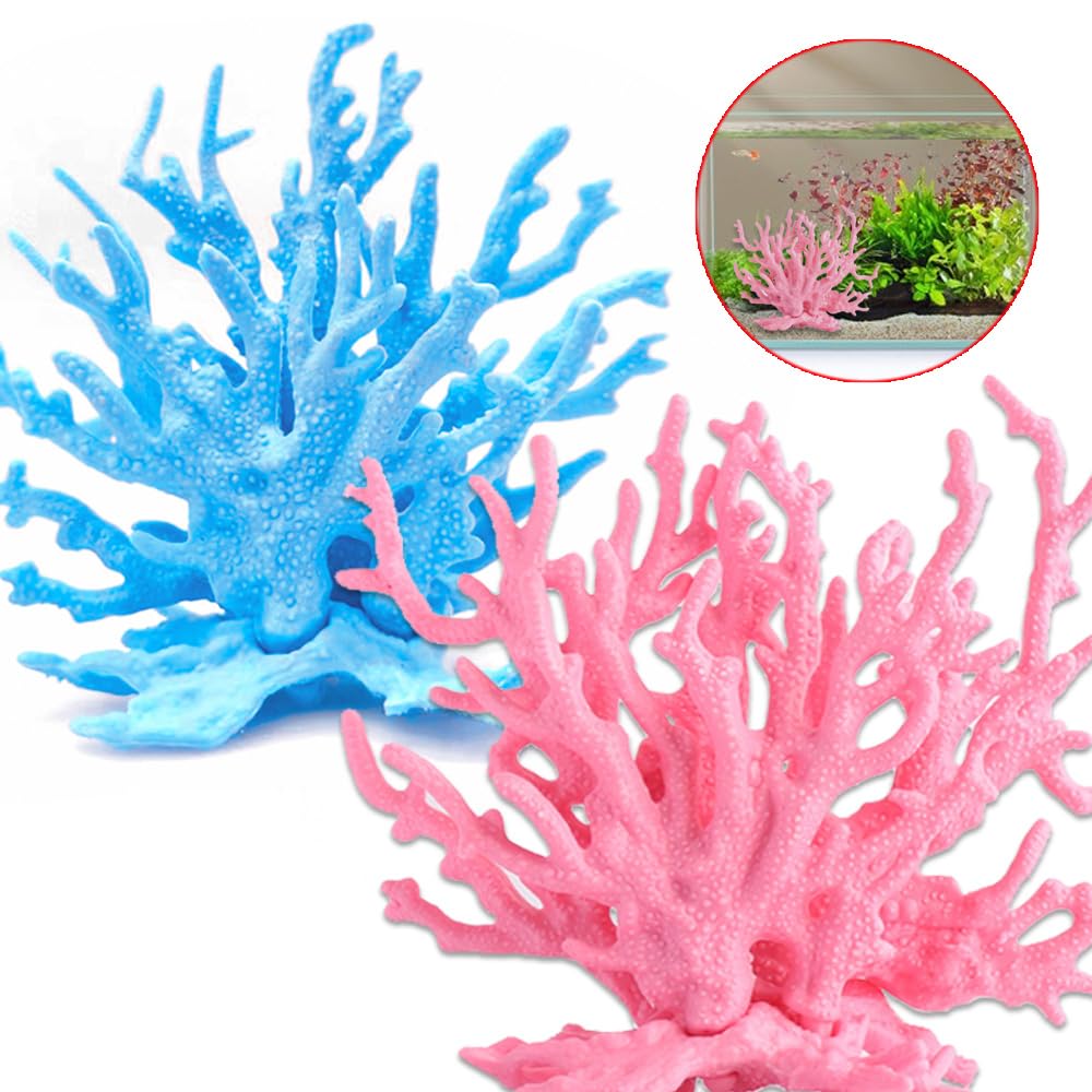 Corail Artificiel Aquarium Décoration 2 Pièces Décorations Artificielles en Corail en Plastique Simulation de Plantes D'aquarium Plante Aquarium pour sous-Marines Fish Tank Décor(Bleu,Rose)