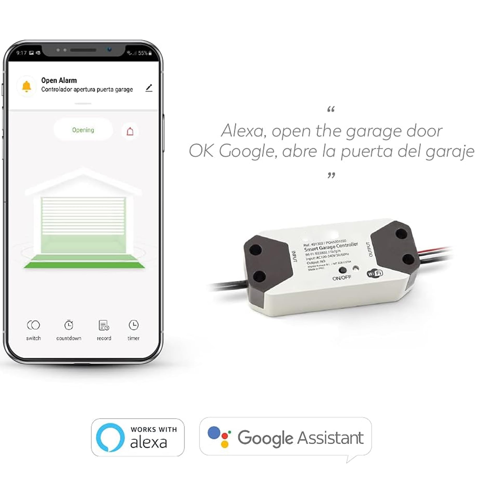 DOMO-MATIC Controlador Inteligente de Puerta de Garaje WiFi 2.4 GHz compatible con Alexa, Google, Tuya, con Sensor de Estado, 220V 12-24VDC (220 V (EU PLUG))