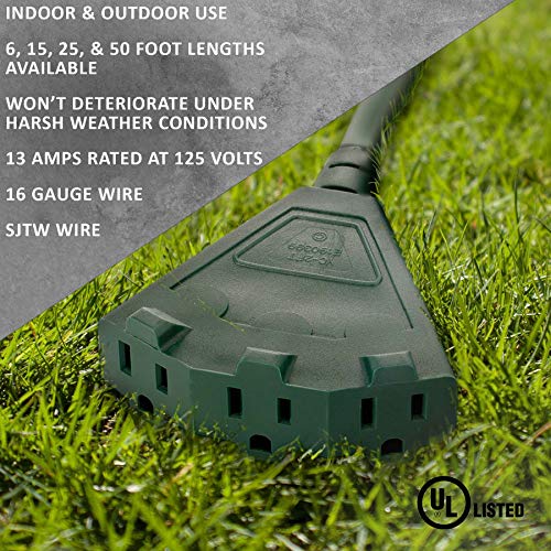Holiday Lighting Outlet 15-Foot Green Outdoor Extension Cord | Heavy-Duty Extension Cord For Appliances, Lawn Tools, & More | Triple-Tap Outlet Perfect For Landscape Projects #TOP4