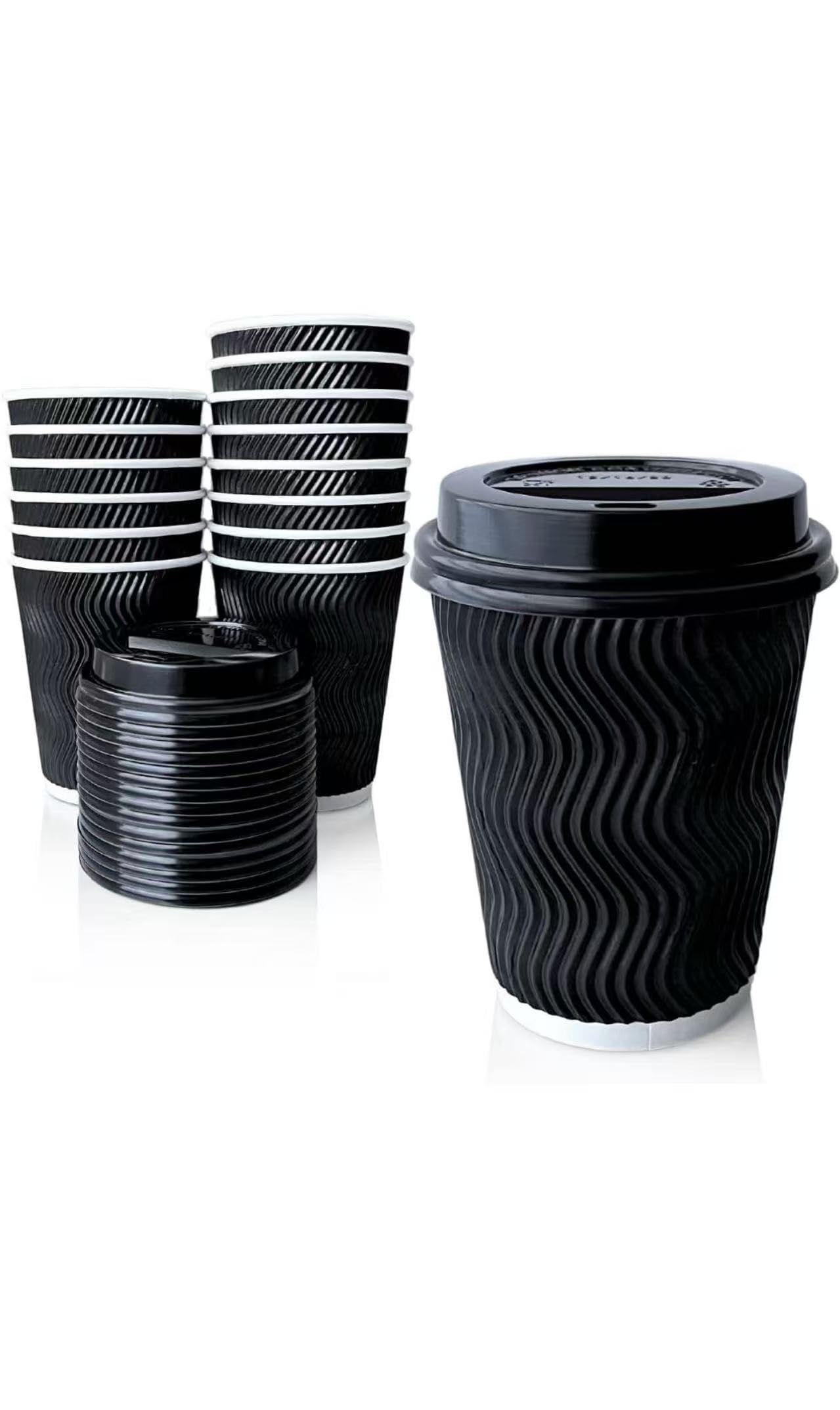 300 x 12oz Black Disposable Coffee Cups with Lids – Black Ripple Triple Wall Insulated Paper Cups for Tea, Coffee & Hot Drinks, Black