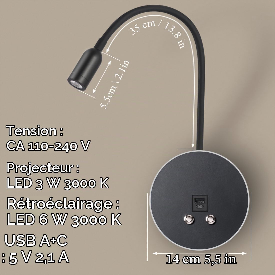 3W+6W LED Liseuse murale, Lampe De Chevet applique liseuse 3000k avec interrupteur tactile à variateur et recharge USB, Cygne Flexible applique lampe Chambre pour la chambre à coucher, Noir