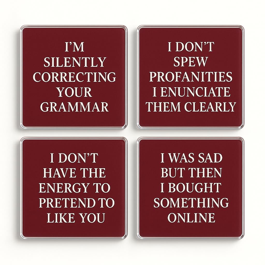 The Plum Penguin Wit In Burgundy Acrylic Coaster Gift Set Of 4 With Witty Burgundy Design - Sophisticated Home Decor For Grandma's Birthday Or Christmas