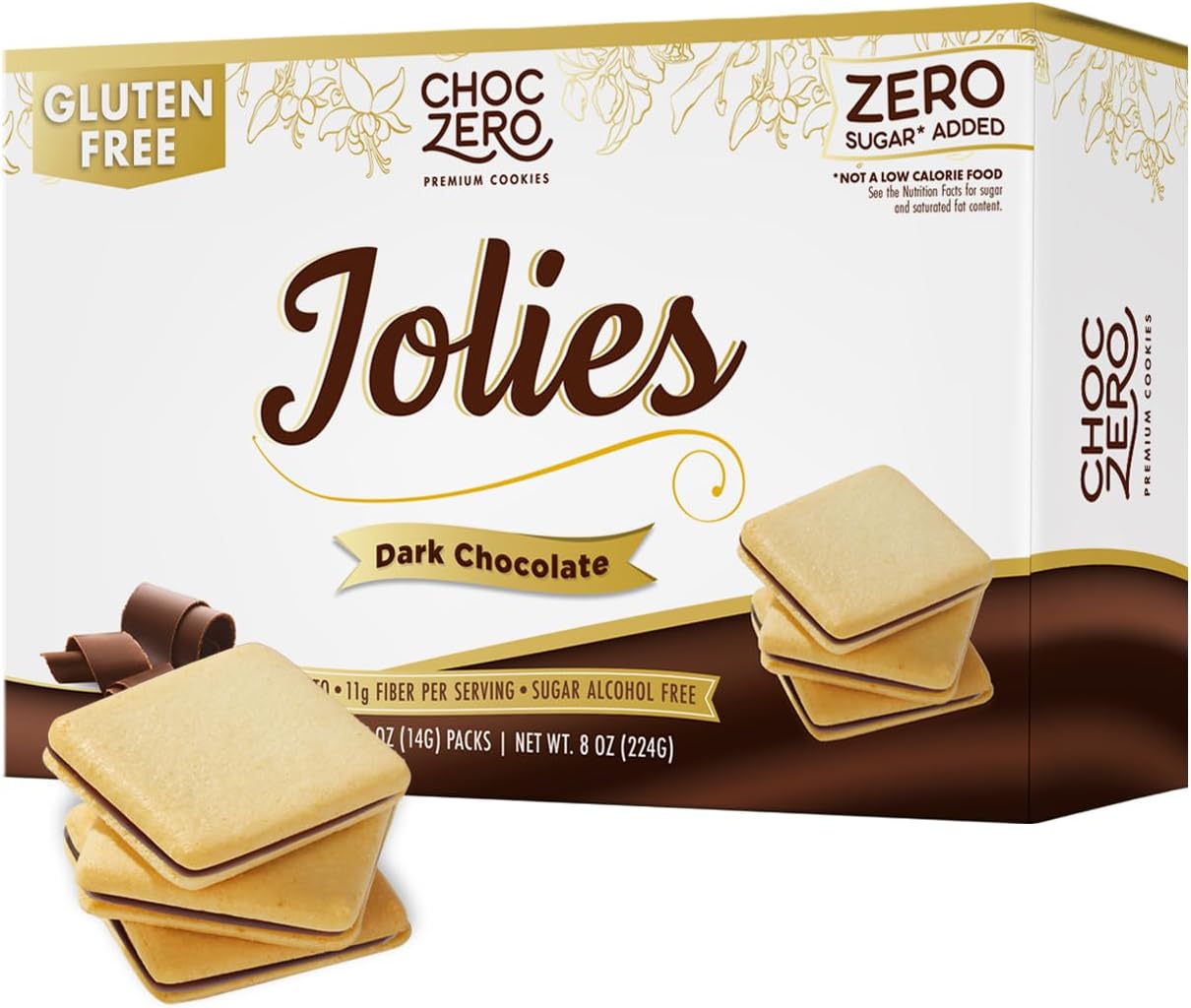 ChocZero Chocolate Cookies, Dark Chocolate Jolies, Gluten Free, No Added Sugar, 20 Crispy Chocolate Filled Keto Cookies Per Box, 8 Ounce (Pack of 1)