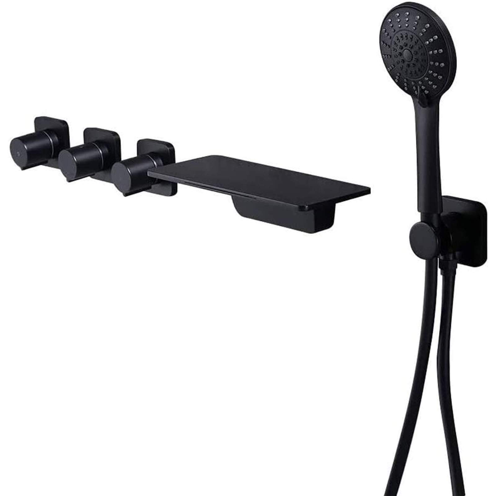 Grifo de bañera en Cascada, Grifo de bañera Romana con Ducha de Mano, Grifo de bañera de latón Macizo de 3 manijas y 5 Orificios, grifos de bañera de Montaje en Pared, Negro Mate.