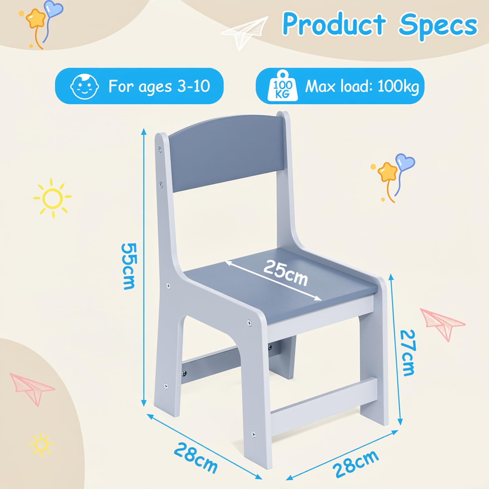 Clevich Lot de 2 chaises pour Enfant 55 x 30 x 28 cm, Chaise de Bureau à partir de 2 Ans, jusqu'à 80 kg, lot avec Repose-Pieds et Dossier incurvé, pour Chambre d'enfant, école, Groupe de sièges