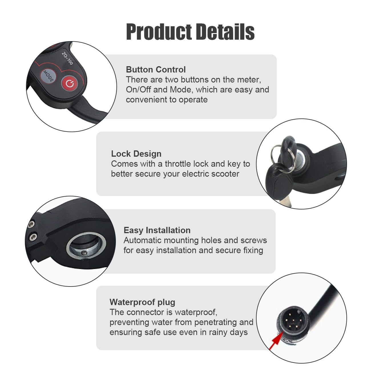 Wokyo ZQ-100 6 Pin LCD Escooter Display Button Control Scooter Odometer with Shifter Replacement, 36-60V Waterproof Electric Scooter Thumb Throttle Accessories