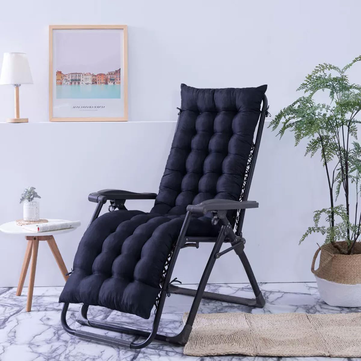 Mozzeilee Sunlounger Replacement Cushion with Non-Slip Straps, Rocking Chair Pads for Garden Patio, Thick Reclining Chair Sun Lounger Mats for Indoor Outdoor Furniture (Black,180x48x8cm)