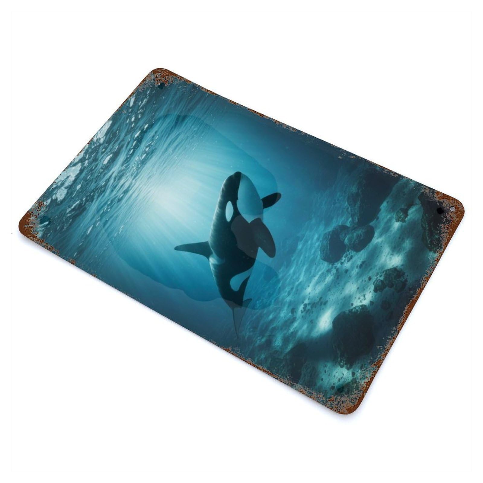 Garage Style Orca in Ocean Rustic Tin Plaque 11.8"x7.9", Classic Wall Plaque for Bar And Workshop