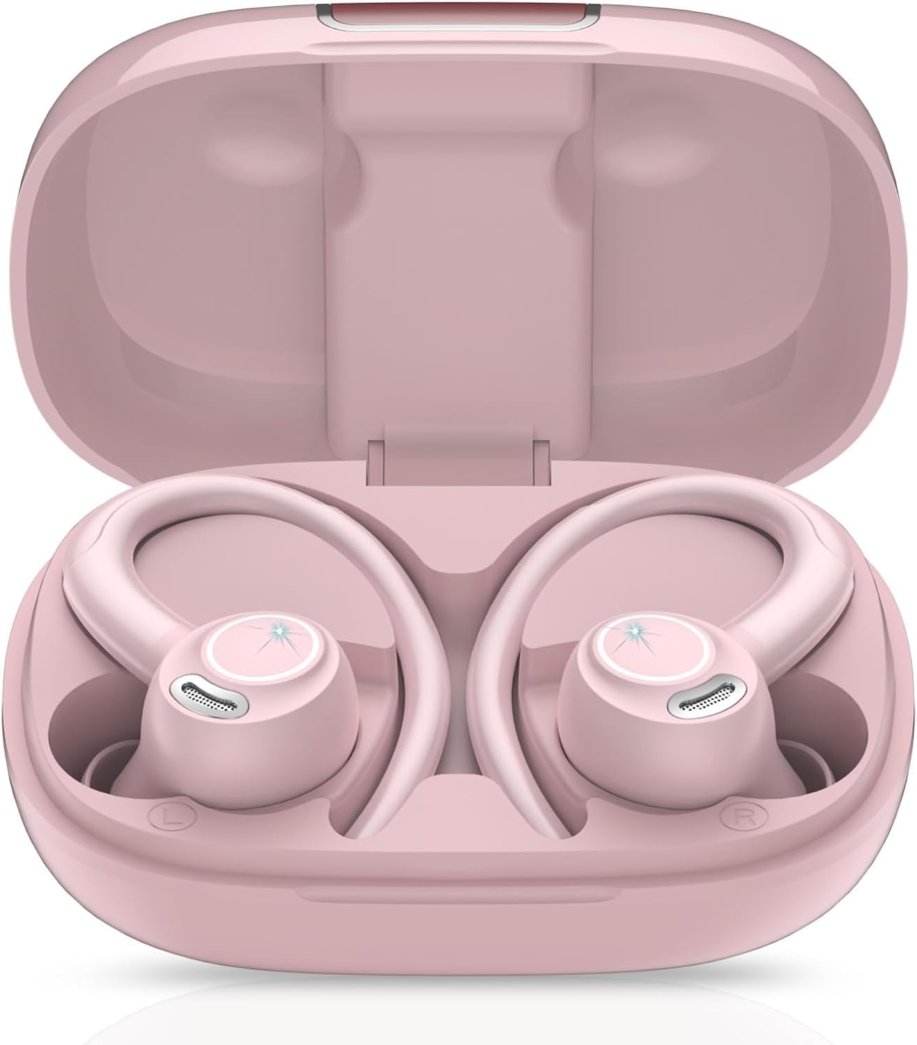 Csasan Headphones Wireless Earbuds Sport, Bluetooth 5.3 Over Ear Buds Stereo Deep Bass Headset with Earhooks, 48H Wireless Earphones with HD Mic, IP7 Waterproof Earbud for Sports/Running Rose Gold