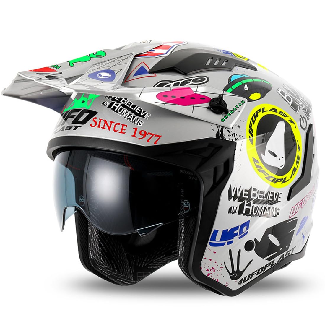 Casco Jet Sheratan Legendary con visiera parasole a scomparsa Trial Street Scooter Moto Argento