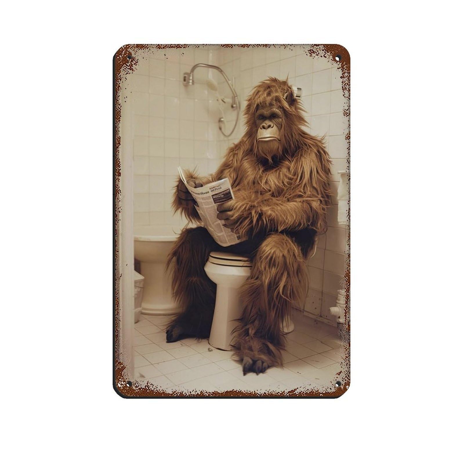 Sasquatch Sitting on The Toilet Reading A Newspaper (2) Retro Poster Metal Tin Sign Chic Art Retro Iron Painting Bar People Cave Cafe Family Garage Poster Wall Decoration 8x12inch(20x30cm)