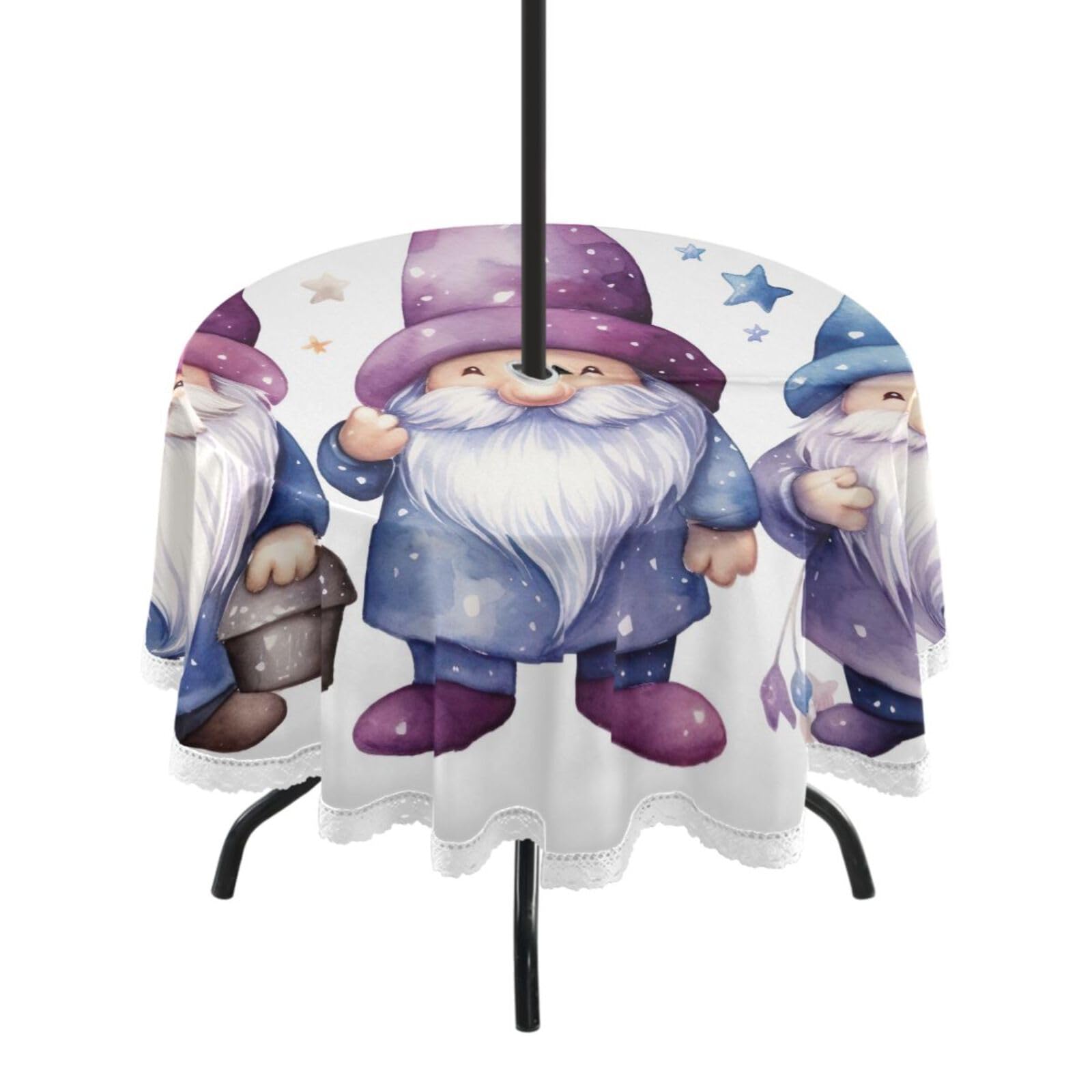 Wajiw 60 Inch Indoor Outdoor Round Tablecloth with Umbrella Hole and Zipper Waterproof Patio Table Cover for Camping Dining Room Party Outdoor Picnic,Cute Gnomes