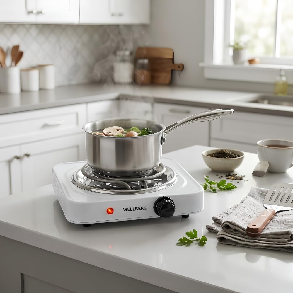 Wellberg 1500W Electric Hot Plate Single Burner Portable Cooking Stove with Adjustable Temperature Control | Fast Heating Coil | Compact Electric Cooktop for Home, Office, Hostel & Travel