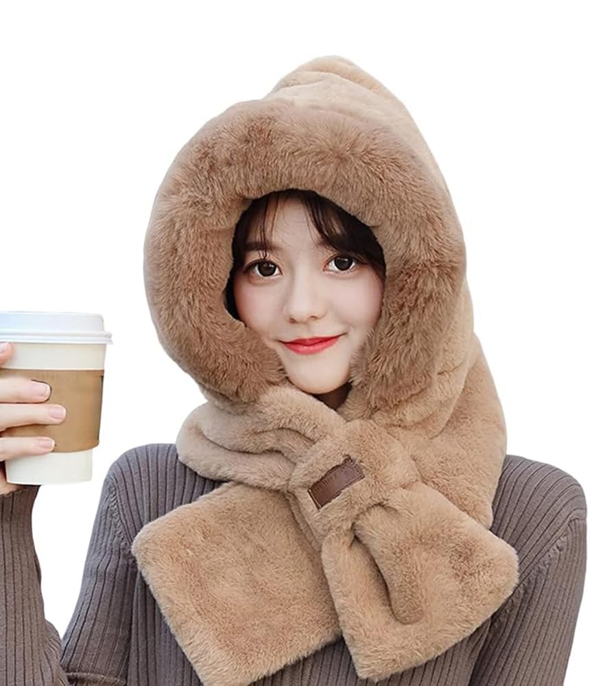 New Knitted Faux Fur Trim Animal Ear Balaclava Hood Scarf Beanie Hat Fluffy (Beige)