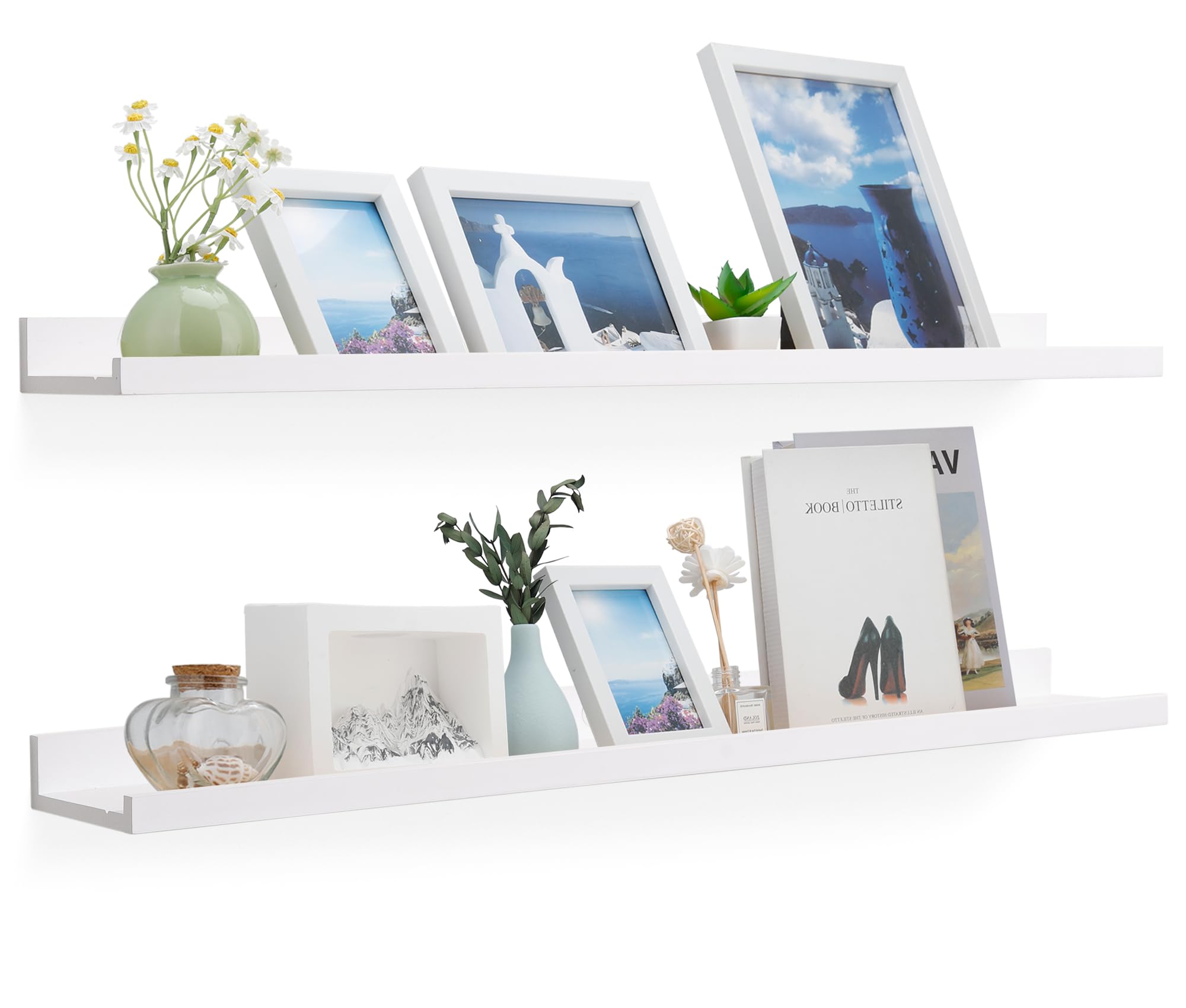 View 1 of **DAMAGED** PARTS ONLY** MBYD Whtie Wood Floating Photo Shelves 48 Inch Long Wall Mounted Picture Photo Ledge Display Shelf Nursery Book Shelves for Bedrooms Office Living Room Kitchen 3 Same Sizes