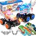 kkmon 2 Exploding Pack Monster Trucks for Boys Age 4-7, Dinosaur and Shark Light Up Push and Go Toy Cars with Music, Friction Powered Birthday Gifts for Kids Ages 3-7
