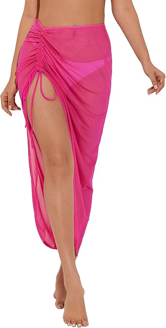 Womens Long Sarong Cover Ups Semi-Sheer Bikini Wraps Lightweight Beach Wrap Skirts with Adjustable Drawstring