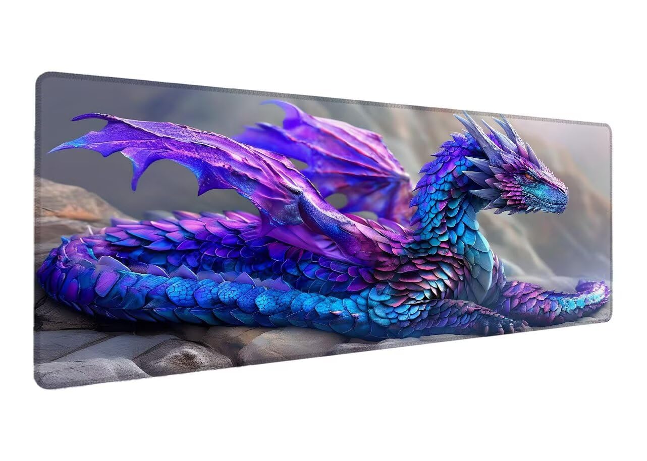 Podkładka pod mysz do gier smok, podkładka pod mysz XXL 1200 x 600 x 3 mm, rozszerzona antypoślizgowa mata biurkowa, wodoodporna powierzchnia, szyte krawędzie, zmywalna podkładka pod mysz fajna do
