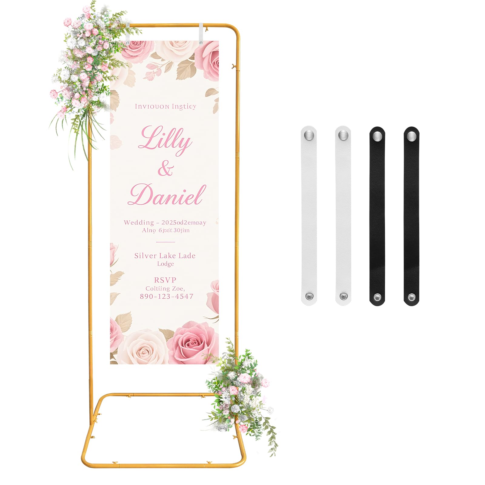 Supporto regolabile per cartello di benvenuto per matrimonio, 80 x 50 x 180 cm, con 4 cinghie in pelle, cavalletto in metallo resistente per cartelli, cavalletto da pavimento per esposizione