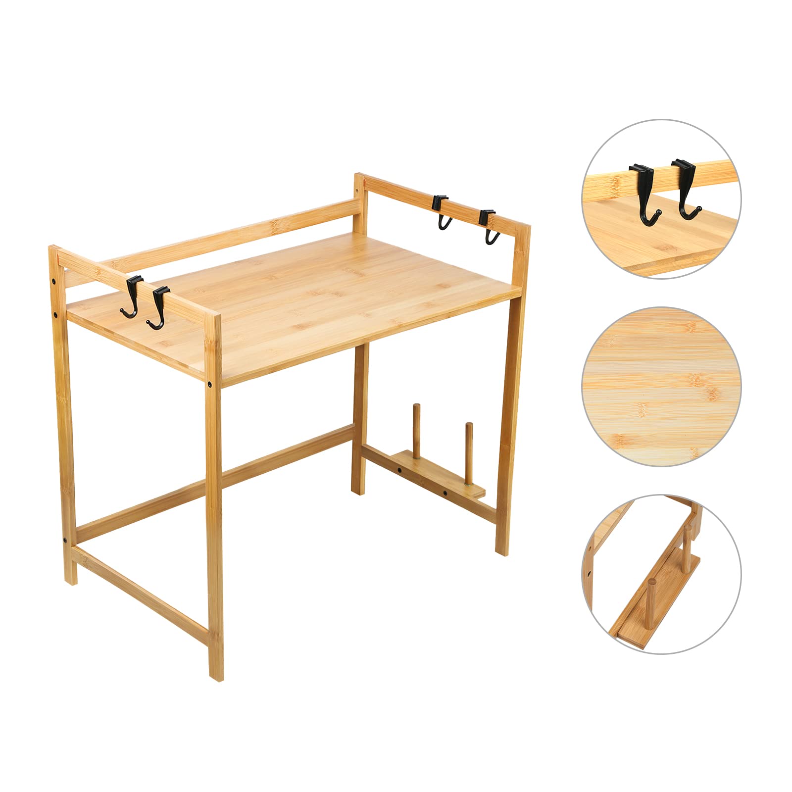 Supporto a microonde in legno, supporto per forno a microonde, mensola da cucina a 1 livelli, con 4 ganci, altezza regolabile (52 x 35 x 42 cm)