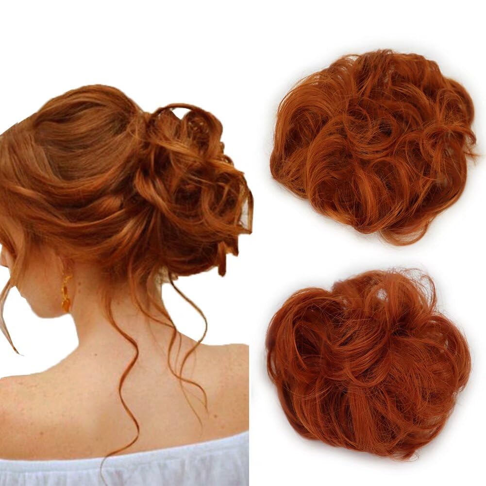 iLUU 2pcs/pack Orange Red Hair Bun Extensions Wavy Curly Messy Synthetic Chignon Hairpiece Easy Bun Hair Pieces for Women Hair Updos for Women Girl -