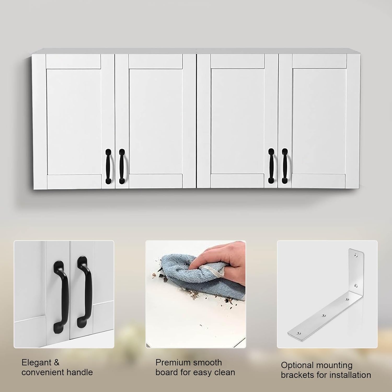 FAHKNS 47" Laundry Room Cabinet, White Storage Cabinet with Doors and Adjustable Shelves, Wall Mounted Kitchen Cabinet for Laundry Room Organization