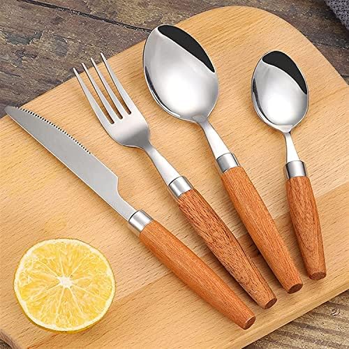 Japanese Flatware Set - Stainless Steel Cutlery with Wood Handles - Knife, Fork & Spoon - Mixed Western Dinnerware for Camping, Travel, & Picnic - Elegant Tableware