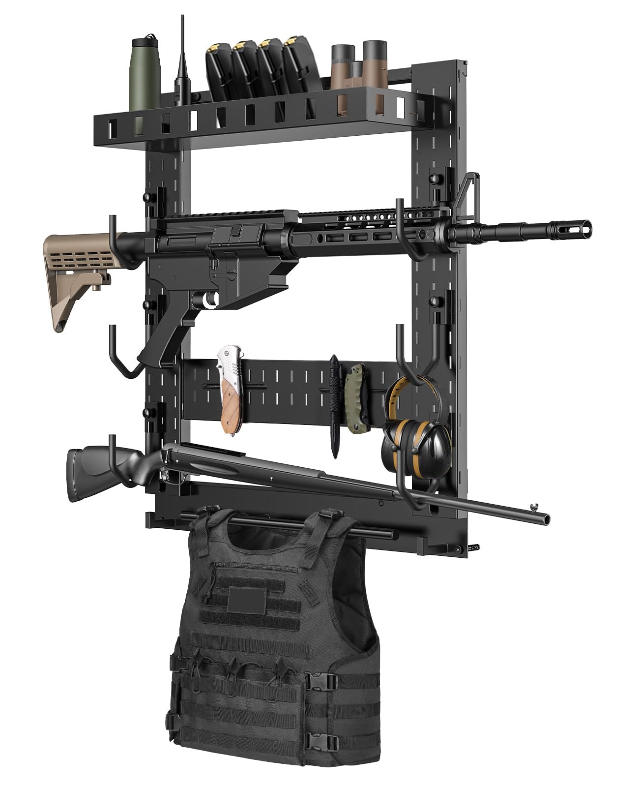 cvlife gun rack for wall, indoor gun rack wall mount with shelf & accessory panel, horizontal heavy-duty gun display holder for rifle/shotgun, tactical gear wall mounted