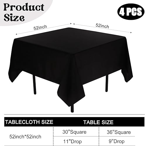 Miniatura 2 de Paquete de 4 manteles cuadrados de mesa de 52 x 52 pulgadas, mantel negro lavable a máquina, tela de poliéster, cubierta de mesa para comedor,