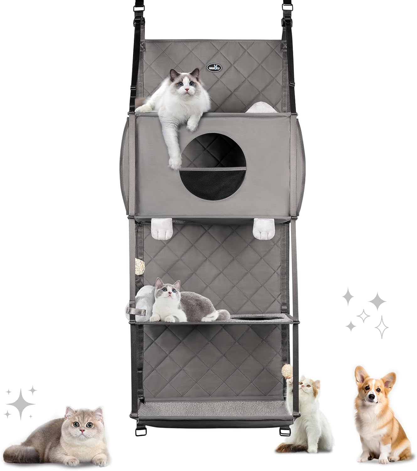 Albero per gatti da appendere – Amaca da parete per gatti da appendere alla porta, per interni, letto sospeso/rialzato, 4 piani con cuscino rimovibile, tenda avvolgibile e giocattolo a sfera