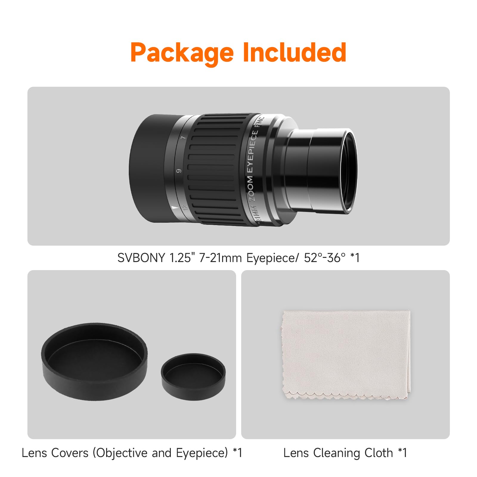 Svbony SV135 Oculaire de Télescope, Oculaire Zoom 1,25'' 7-21 mm pour Télescope, 52 Degrés FOV, Objectif de Télescope FMC 5 Éléments 3 groupes, Accessoires de Télescope d'observation Astronomique