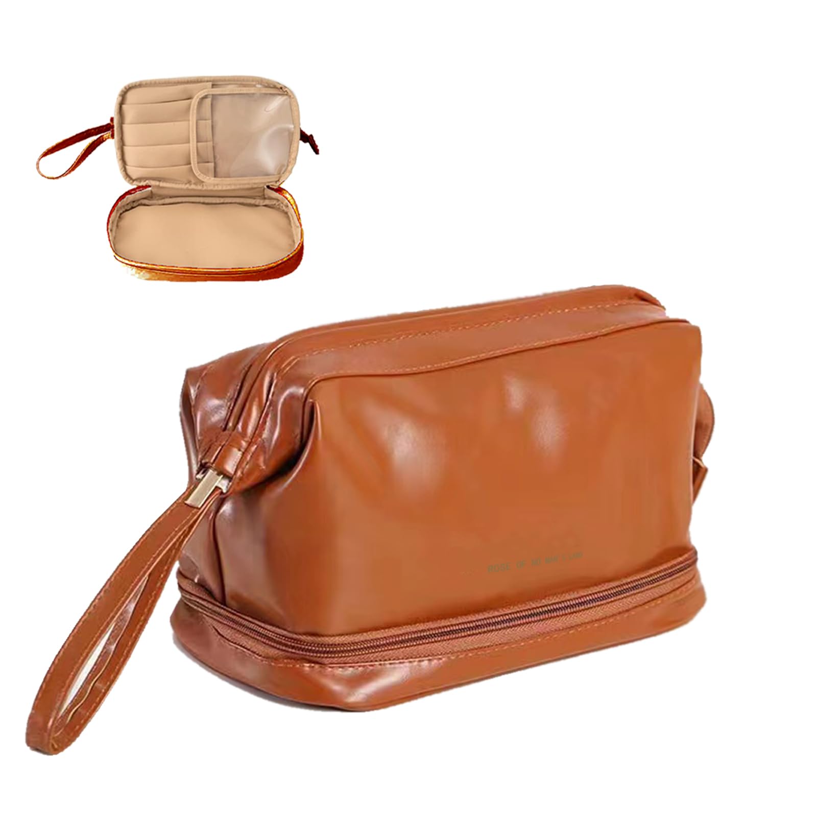 Ouhuimakeup bag for women, travel cosmetic bag, double layer toiletry bag, portable leather organizer bag for girl, makeup brush bag with compartments, travel essentials brown, Black, Brown