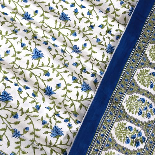 Image of TOAI Bedsheet for Double Bed King Size 108 inch x 108 inch |100% Pure Cotton 210TC | Hand Block Printed Jaipuri Bedsheet | 2 Reversible Pillow Covers 18 inchx27 inch |White Blue Florals