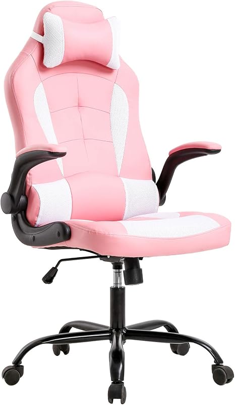 BestOffice Silla para Juegos Silla de Oficina Silla de Escritorio con Soporte Lumbar Brazos abatibles Reposacabezas Giratorio con Ruedas Ajustable Silla de computadora de Carreras de Cuero PU para niñas,Rosado