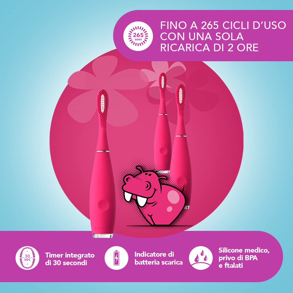 FOREO ISSA Kids - Spazzolino da denti sonico in silicone, per bambini dai 5 ai 12 anni, rosa naso, ippopotamo