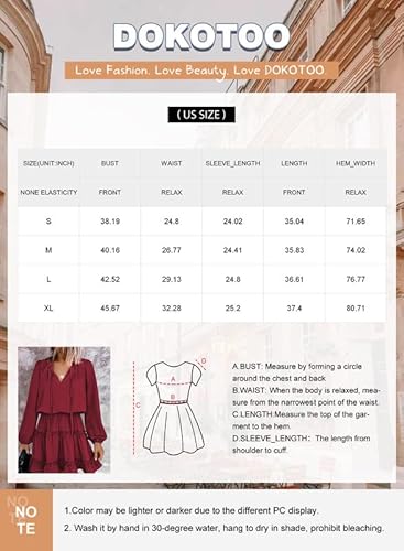 Dokotoo Womens Juniors Cute Spring Casual Spring Sexy Deep V Neck Ruffle Chiffon Lantern Long Sleeve Elegant Empire Waist Flowy Mini Short Skirt Dresses For Women Party 2023 Wine Small #TOP5