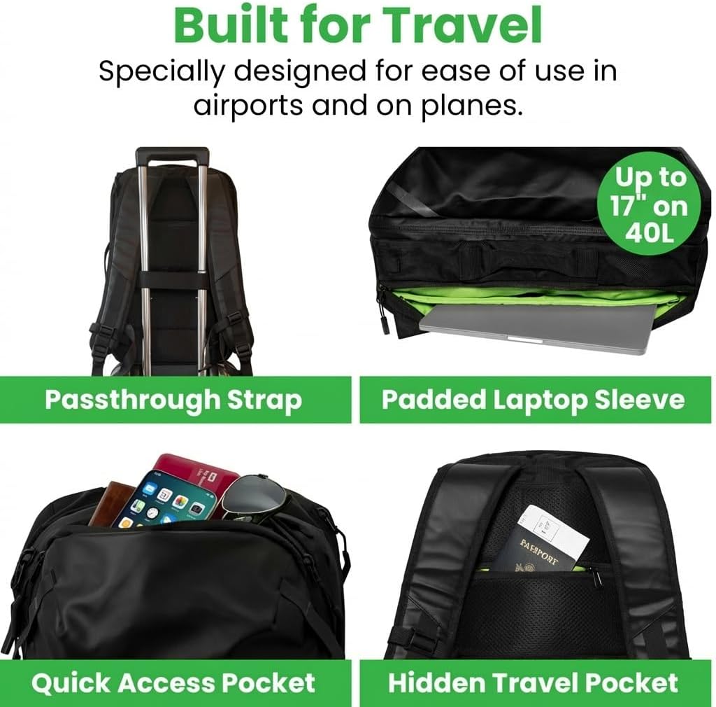 COR Surf Travel Backpack Carry On Backpack for Airplanes - Travel Backpack with Clamshell Design The Island Hopper - 40L Black - Image 2