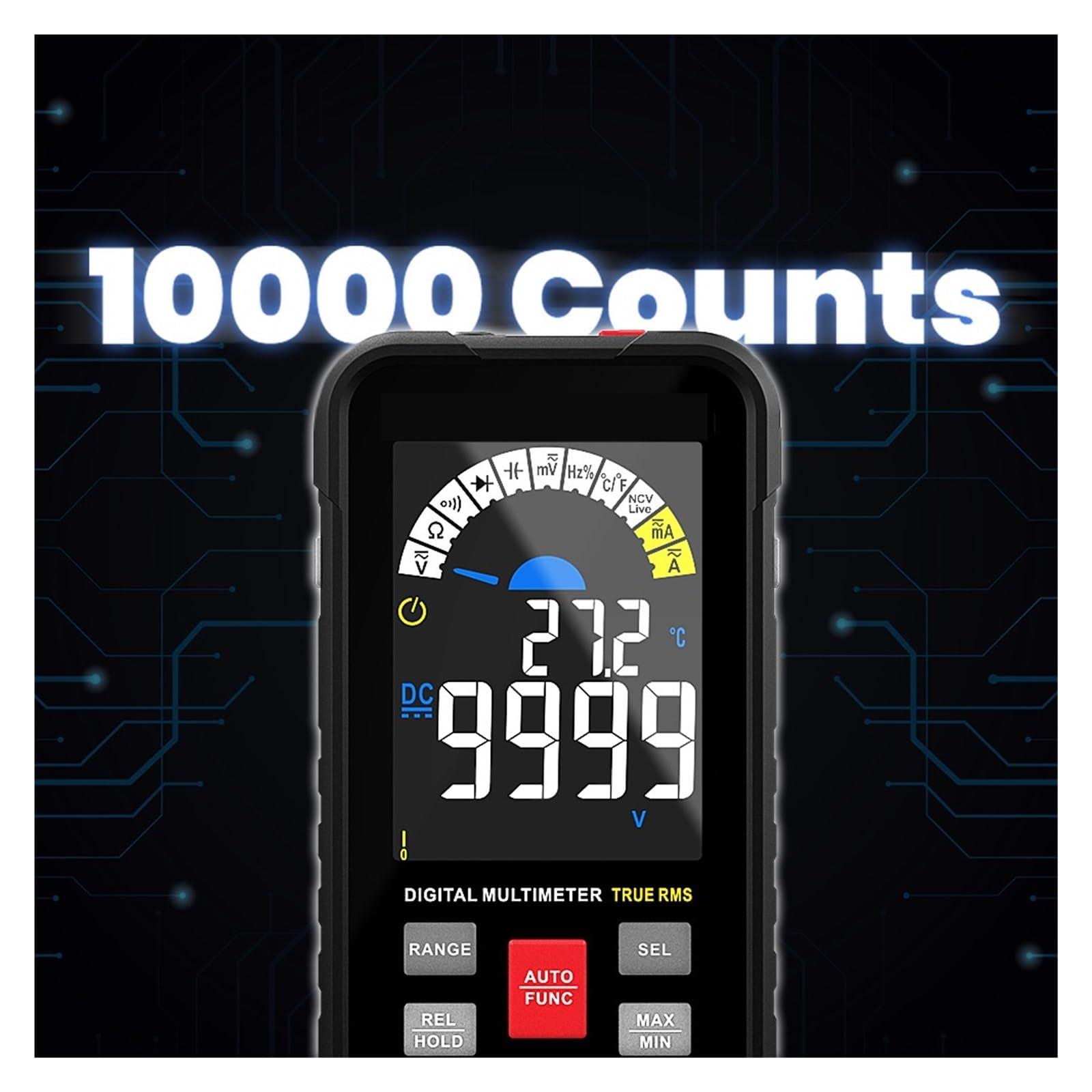 Inteligentny Multimetr 9999 Liczy TRUE Cyfrowy Smart Auto Zakres 1000V 10A Miernik Testowy Ohm Pojemność REL True AC DC DMM Szybko Dokładnie Łatwy Odczyt(Black)