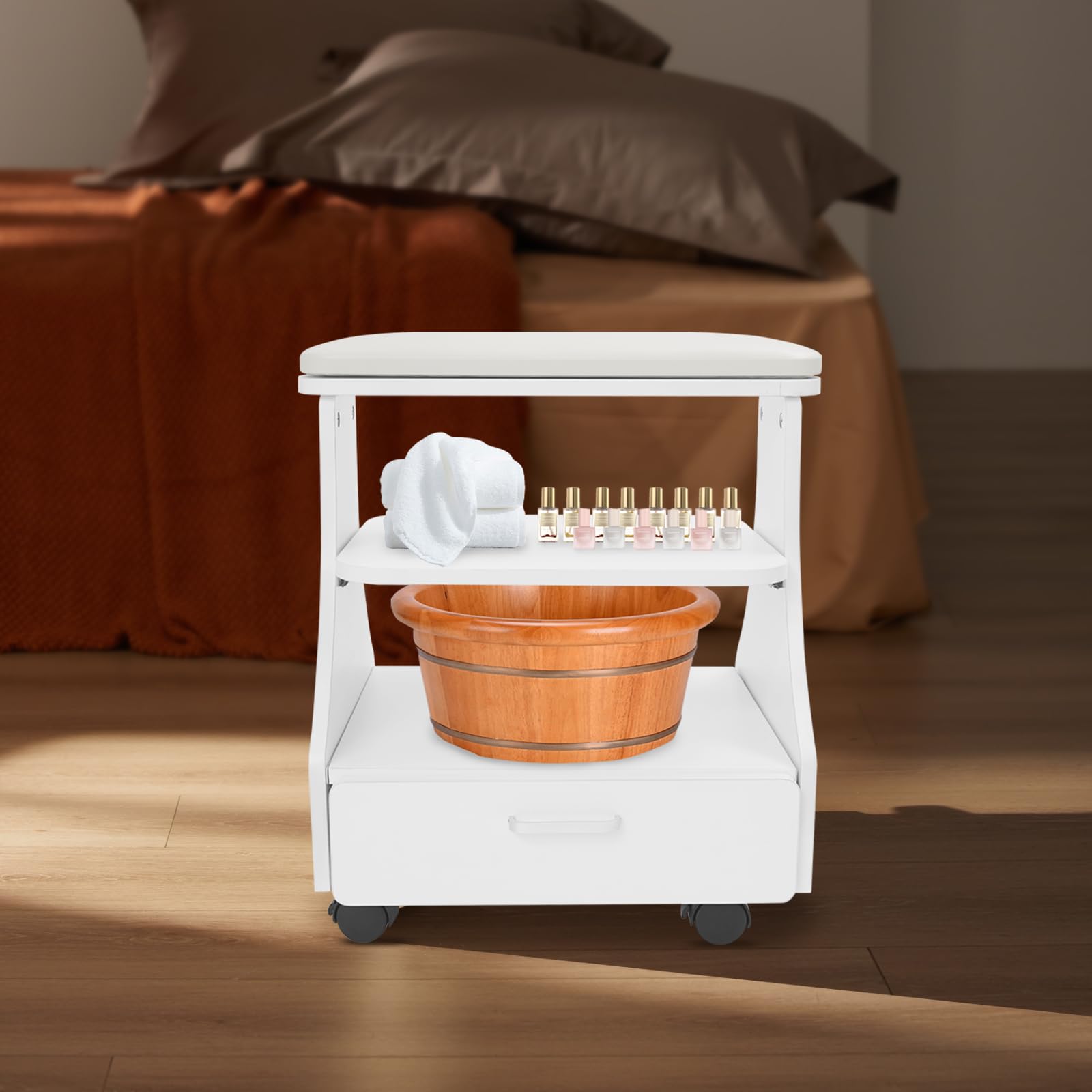 Carrito de salón con cojín, carrito de almacenamiento de 3 niveles para herramientas de manicura y pedicura, carrito para baños de pies, pedicura, accesorios de salón, hasta 50 kg, 52 x 41 x 55 cm