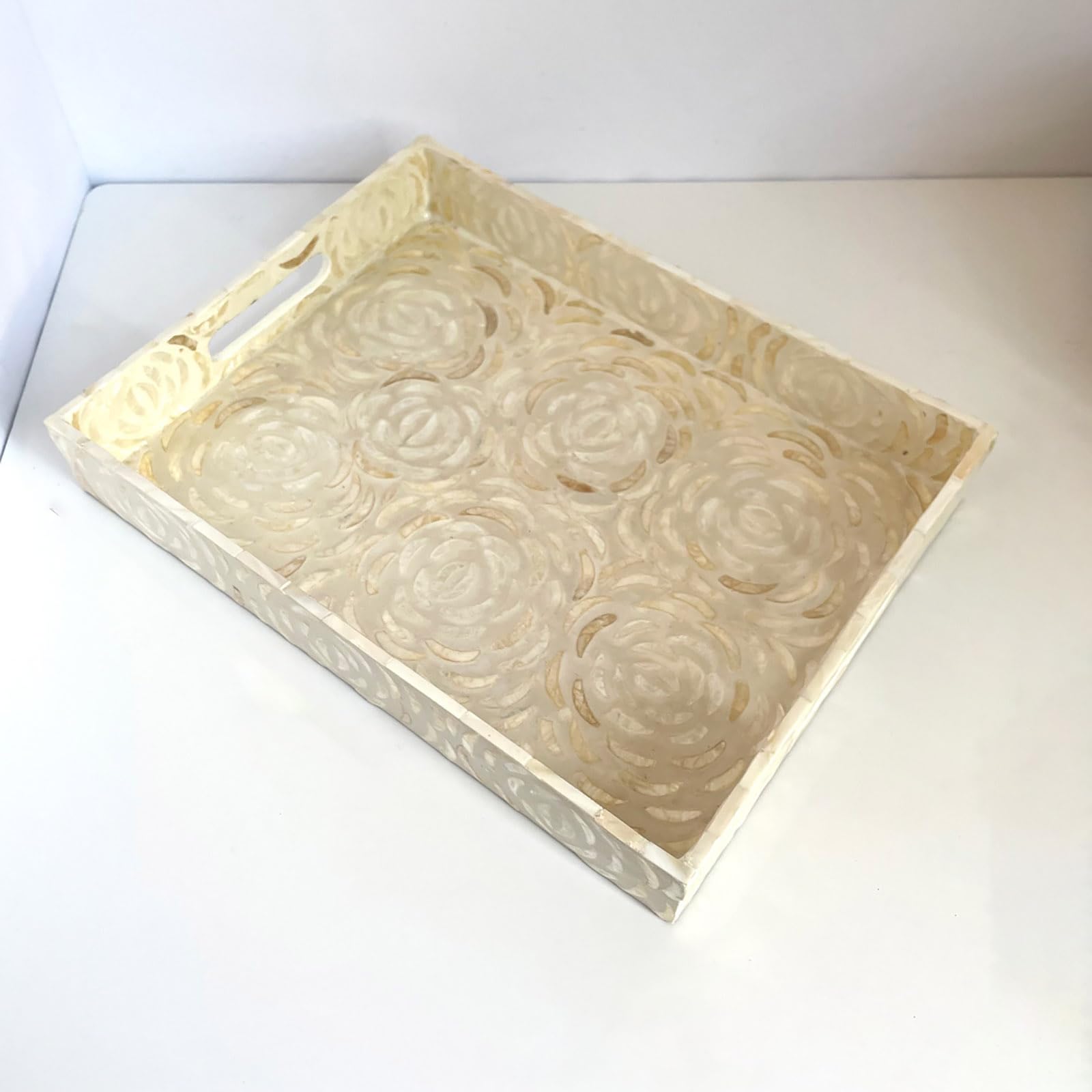 Handmade Mother of Pearl Inlay Serving Tray - Decorative Coffee Table & Ottoman Centerpiece Elegant Room Decor with White Roses Perfect for Hosting & Storage