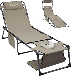 KingCamp 400LBS Lounge Chair with Face Hole & Canopy Shade, Beige 1‑Pack