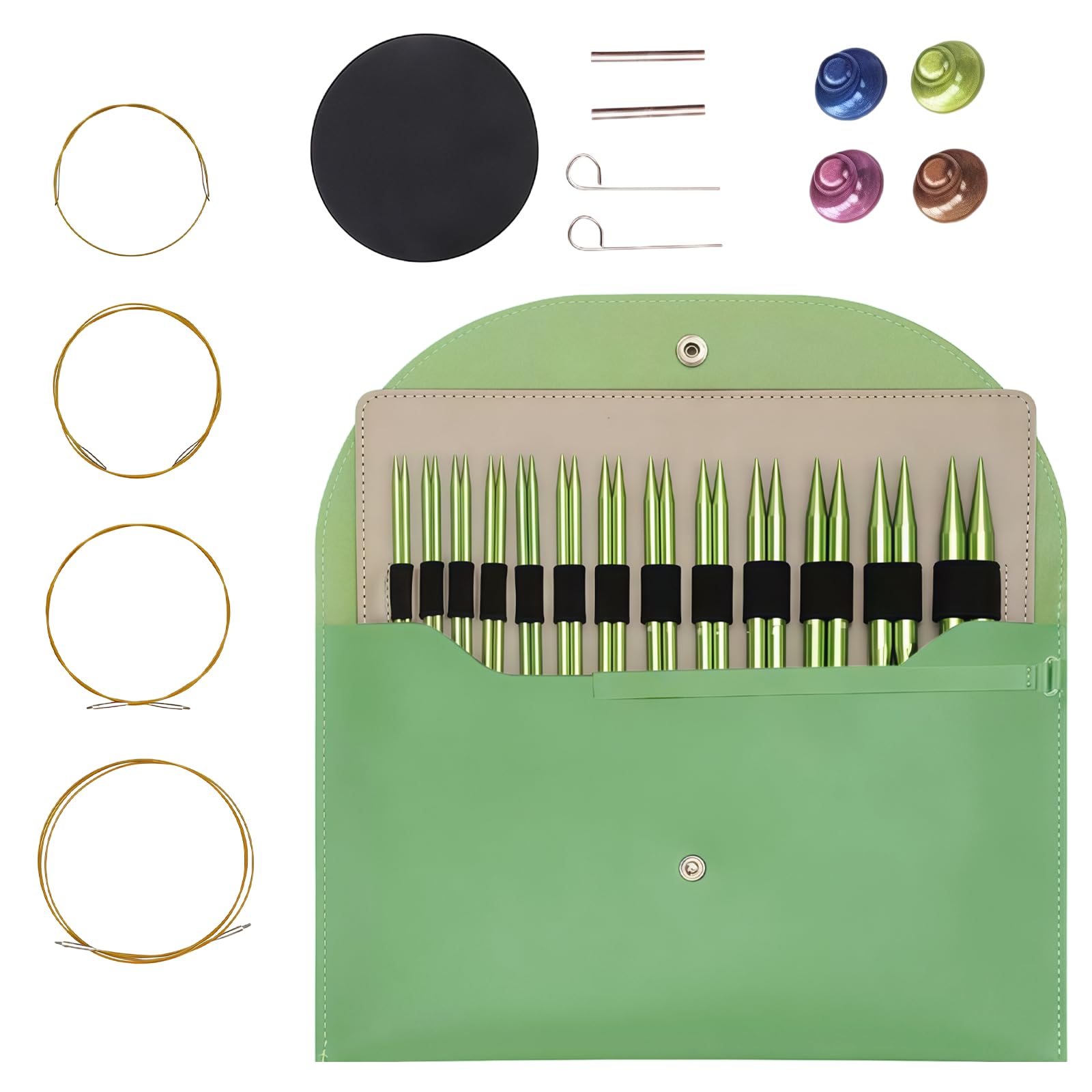 Goedch Green Interchangeable Circular Knitting Needles Set: 13 Pairs Aluminium Circular Knitting Needles Set, 13 Sizes Interchangeable Crochet Hooks, Circular Interchangeable Knitting Needles For Handmade