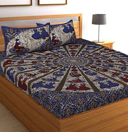 Image of Queenie Brand 100% Pure Cotton Traditional Printed 144 TC Bedsheet for Double Bed with 2 Pillow Covers