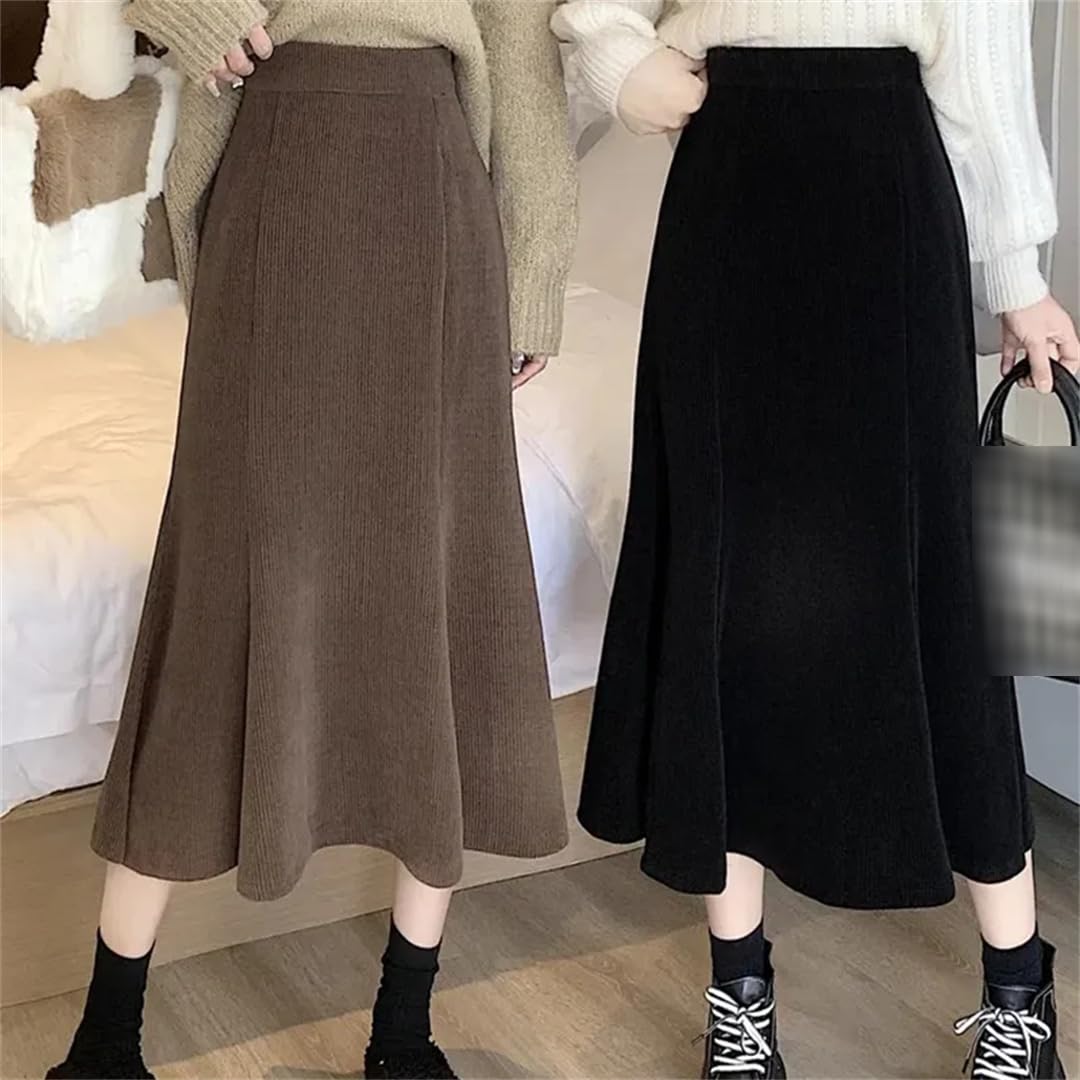 Yeuyyben Velluto a coste Gonna Lunga Donna Autunno Inverno Increspature Vita Alta Midi Gonne Donna Indietro Gonne Elastiche