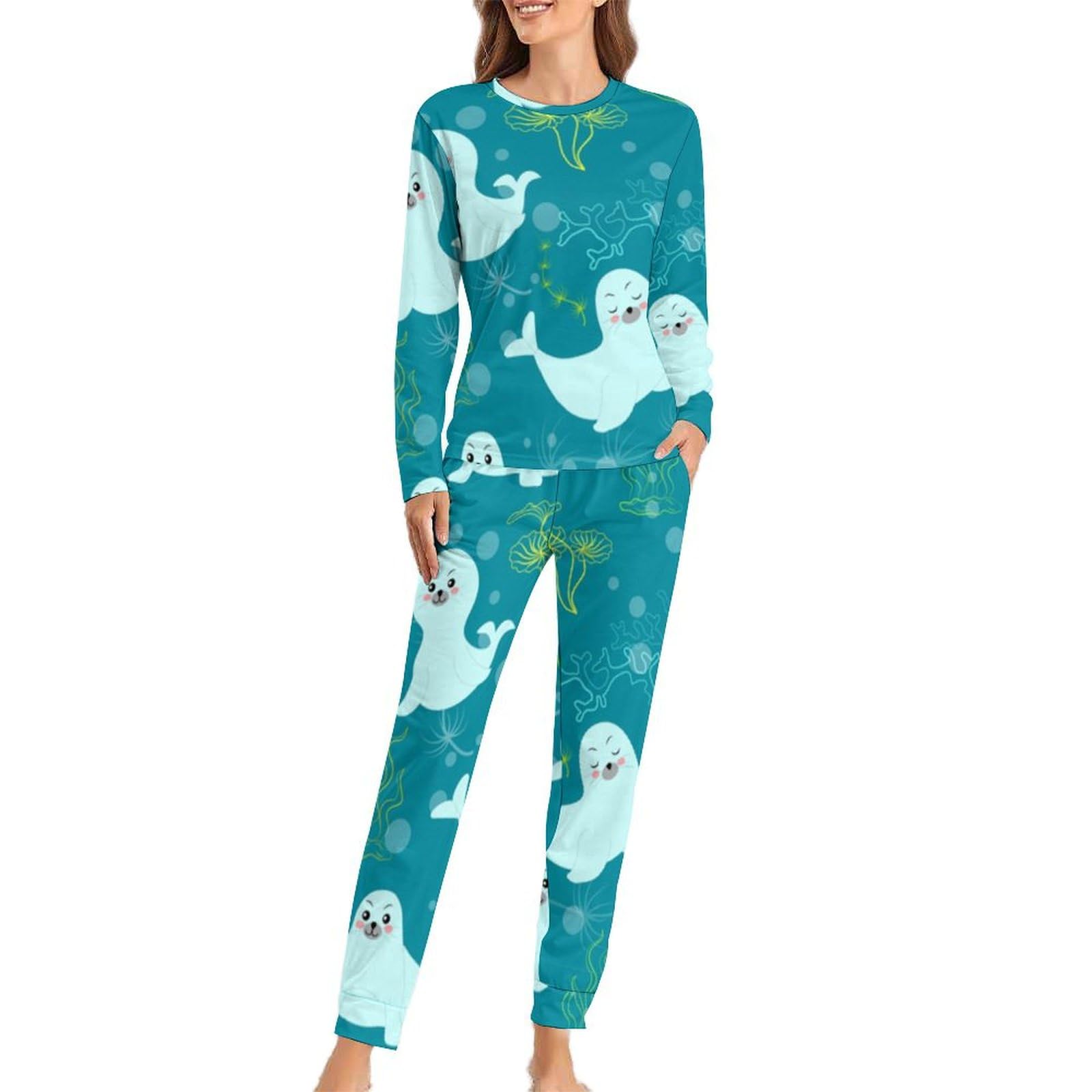 MHYRAC Woman's Crew Neck Pyjamas Set, Cute Seal Pyjamas for Women, Women's Pajamas with Pockets