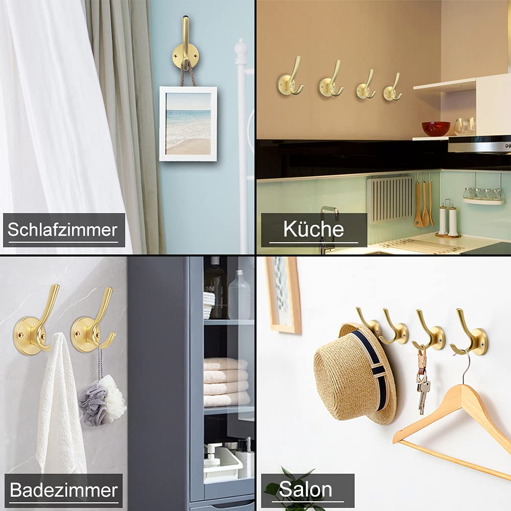 Garderobenhaken Gold 6 Stück Modern Kleiderhaken Gold Schwerlast Garderobe Haken Jacken Haken Wand Handtuchhaken Doppelt für Küche Bad Kleiderschrank